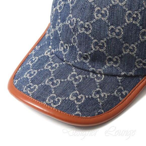 NEW GUCCI GG Monogram Denim Leather Trim Baseball Cap Hat Size M / 58 cm Authent - Picture 5 of 11